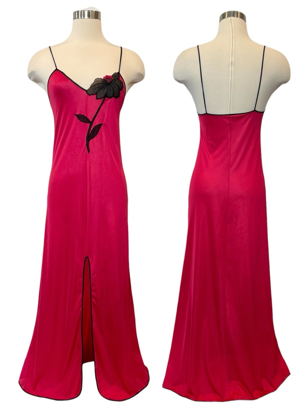 Vintage Silky Liquid Satin Nylon Red Art Deco Floral 70s Maxi Gown Slip Dress - Picture 2 of 11